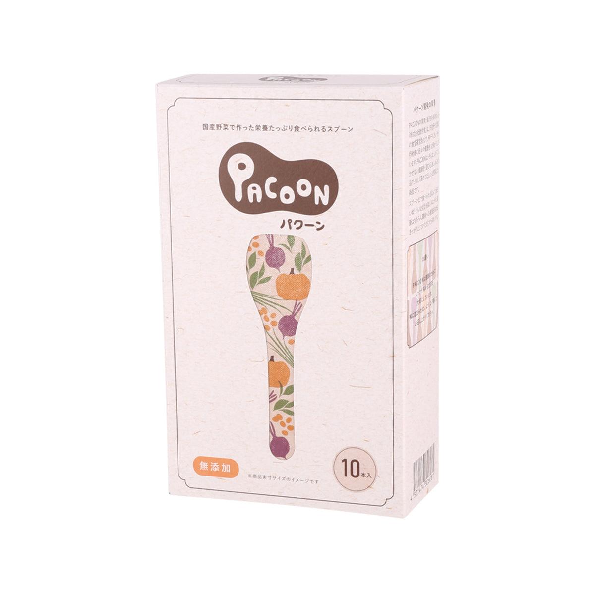 Edible spoon carton with Pacoon logo, 10 count, side view