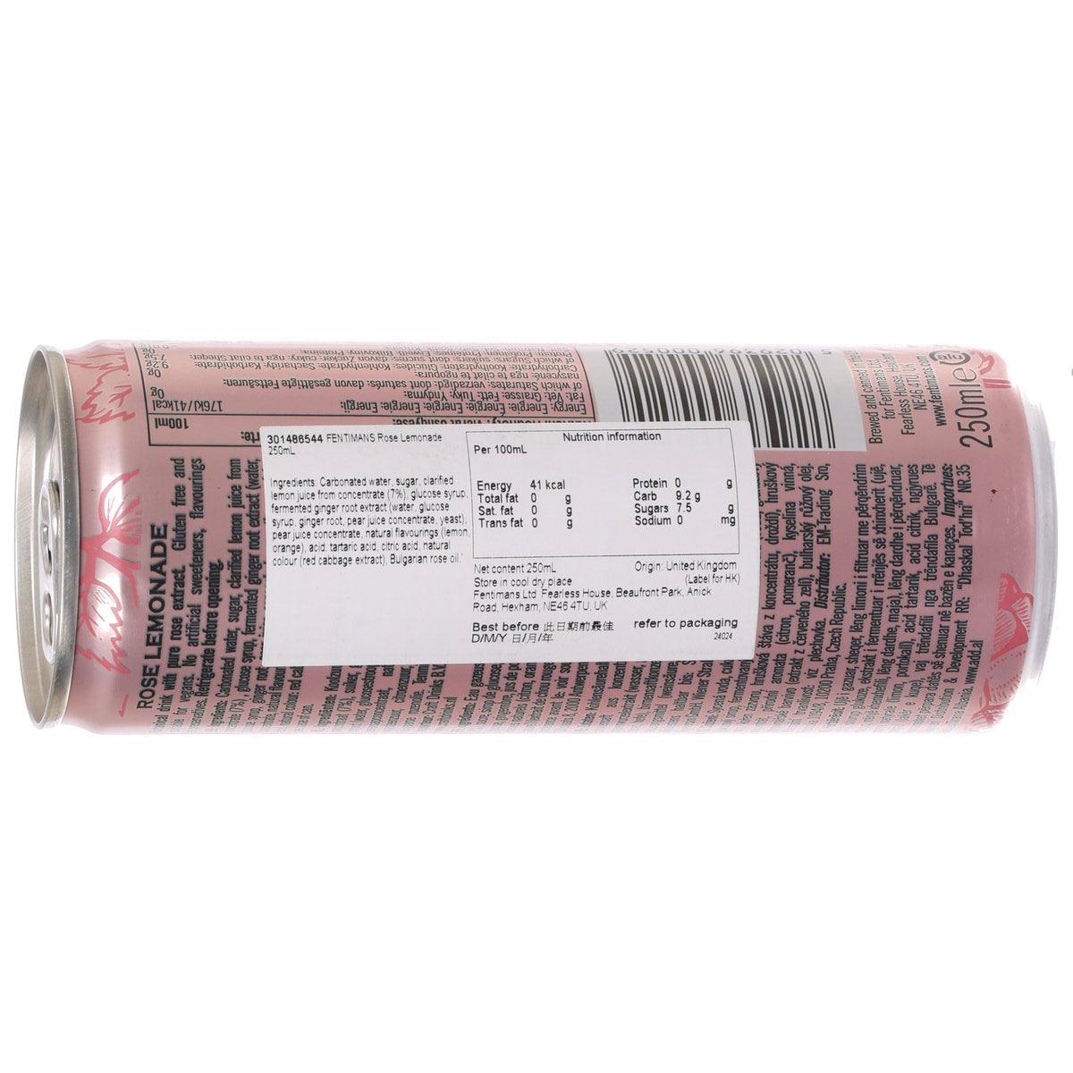 FENTIMANS Rose Lemonade drink can, nutrition panel and barcode on pink side