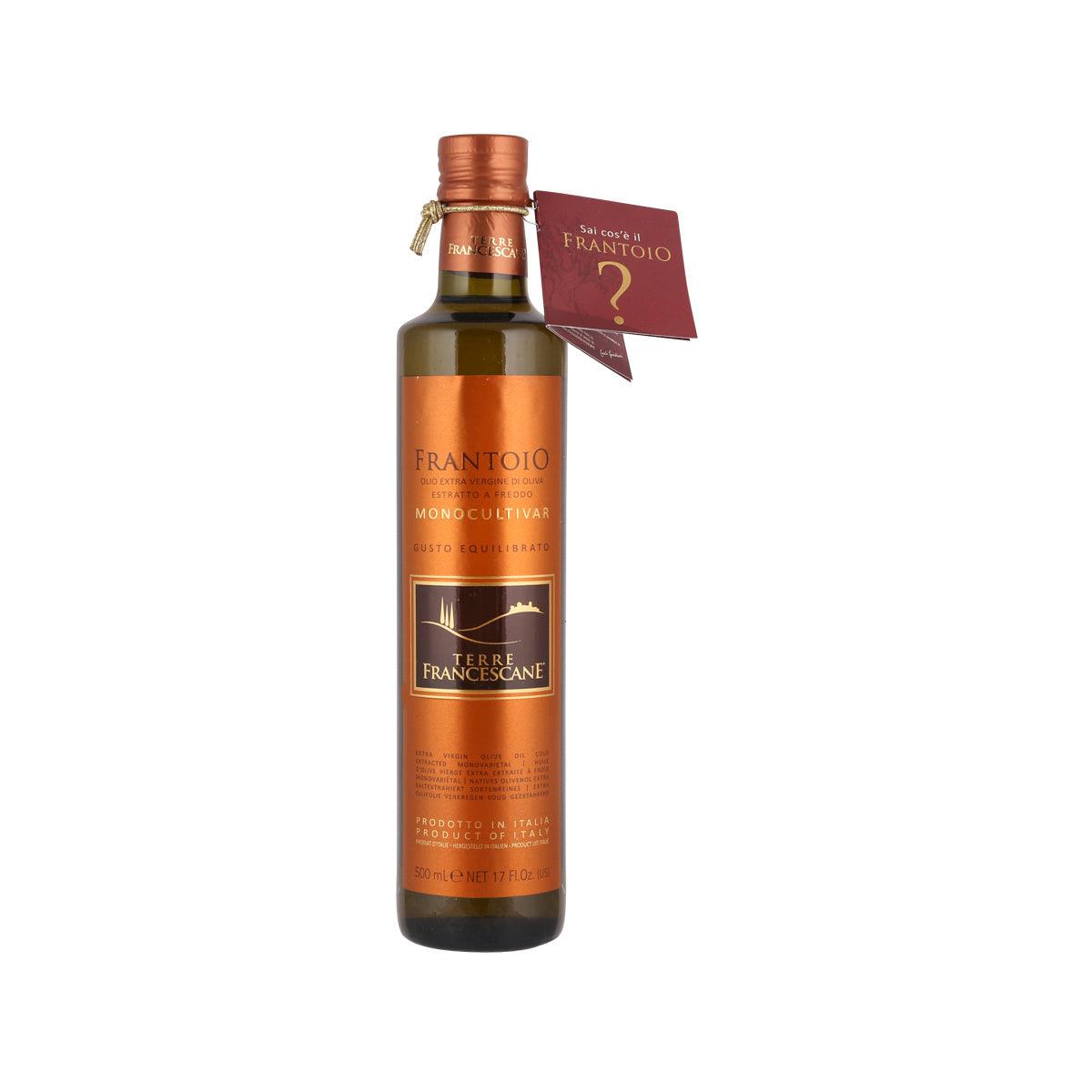 Frantoio monocultivar extra virgin olive oil bottle, amber glass