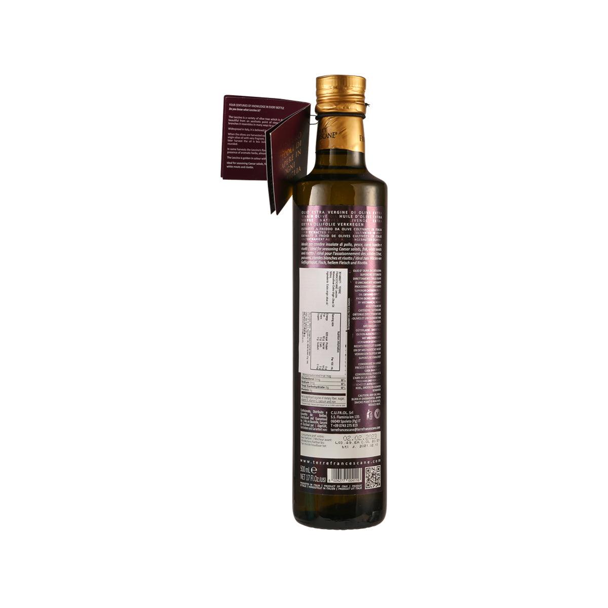 Extra virgin olive oil bottle with back label and gold cap, 500 mL
