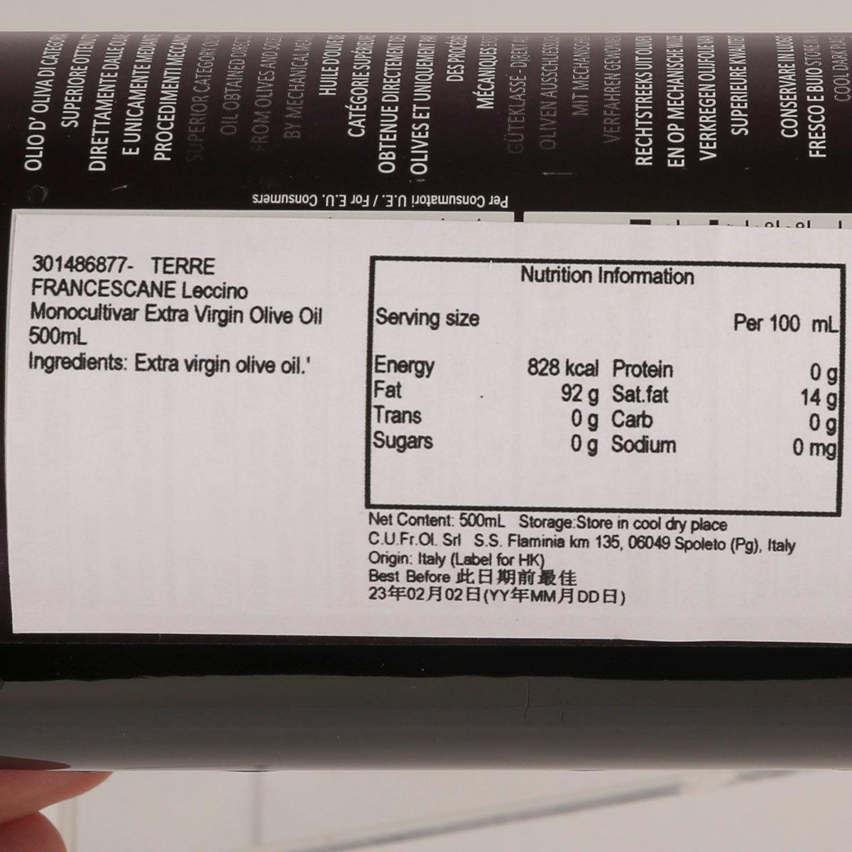 Extra virgin olive oil label text, net 500 mL and nutrition panel
