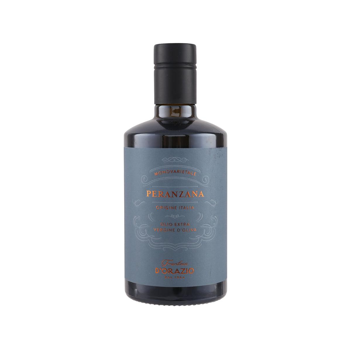 Extra virgin olive oil bottle with black cap and blue front label, 500 mL.