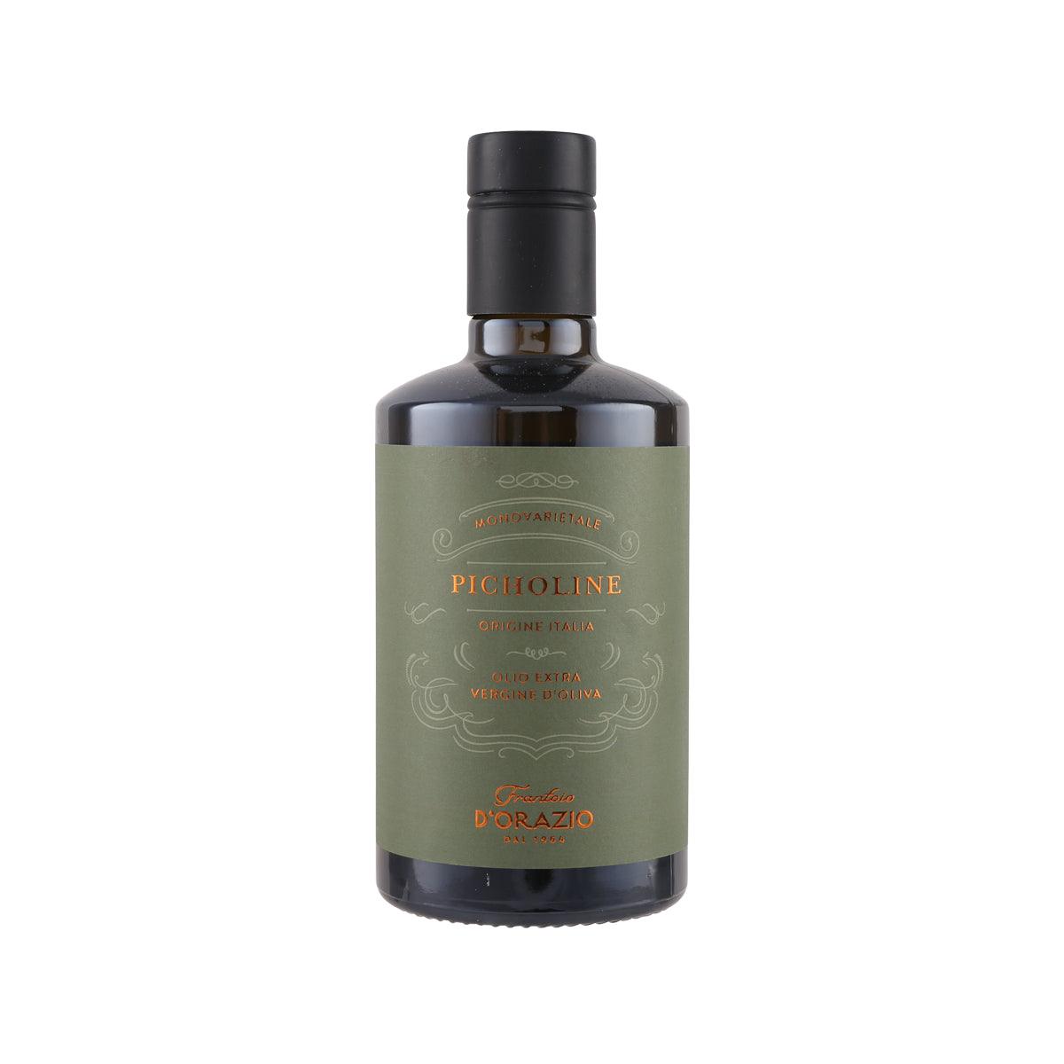 Extra virgin olive oil bottle with black cap and green label, 500 mL