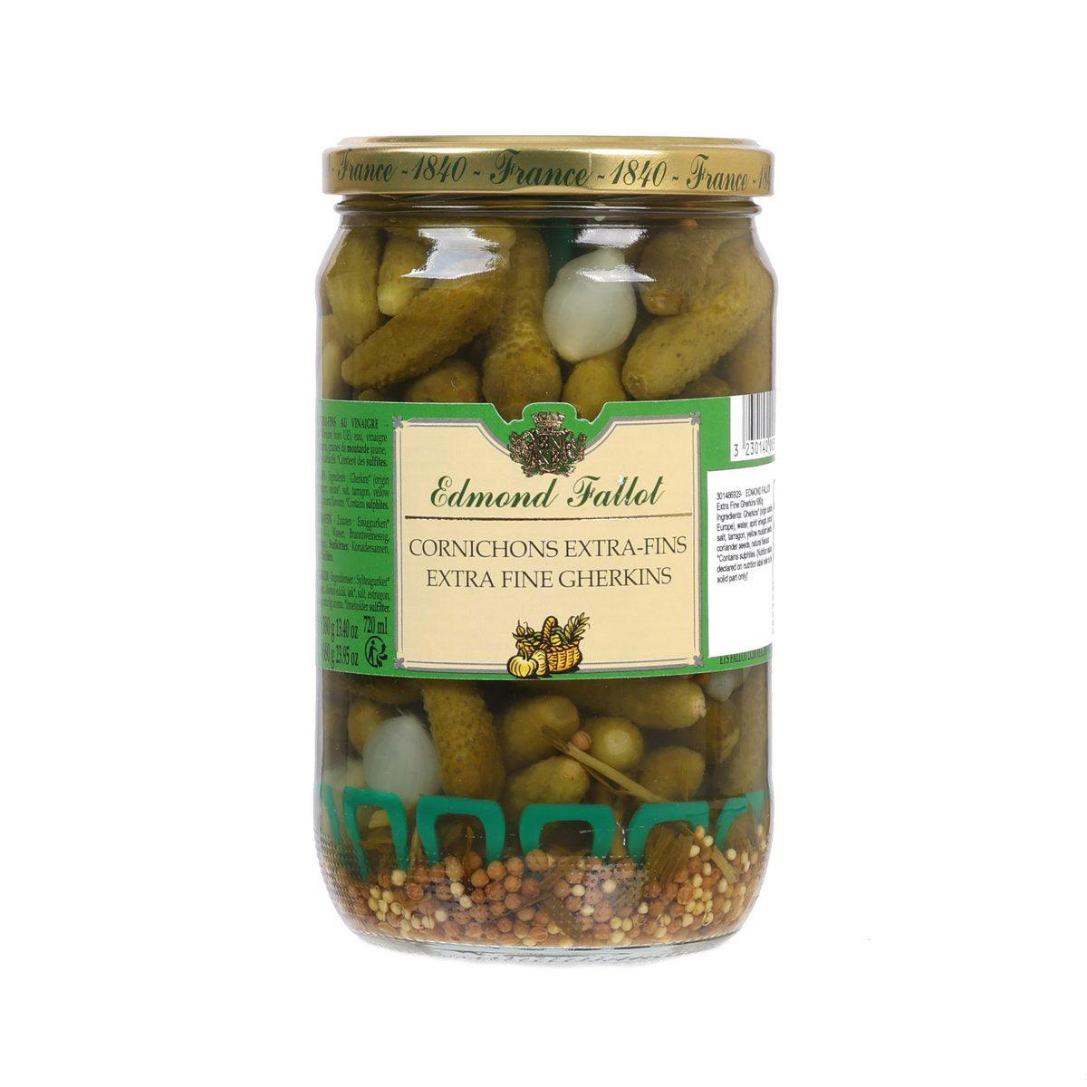 EDMOND FALLOT extra fine gherkins jar, green pickles with front label
