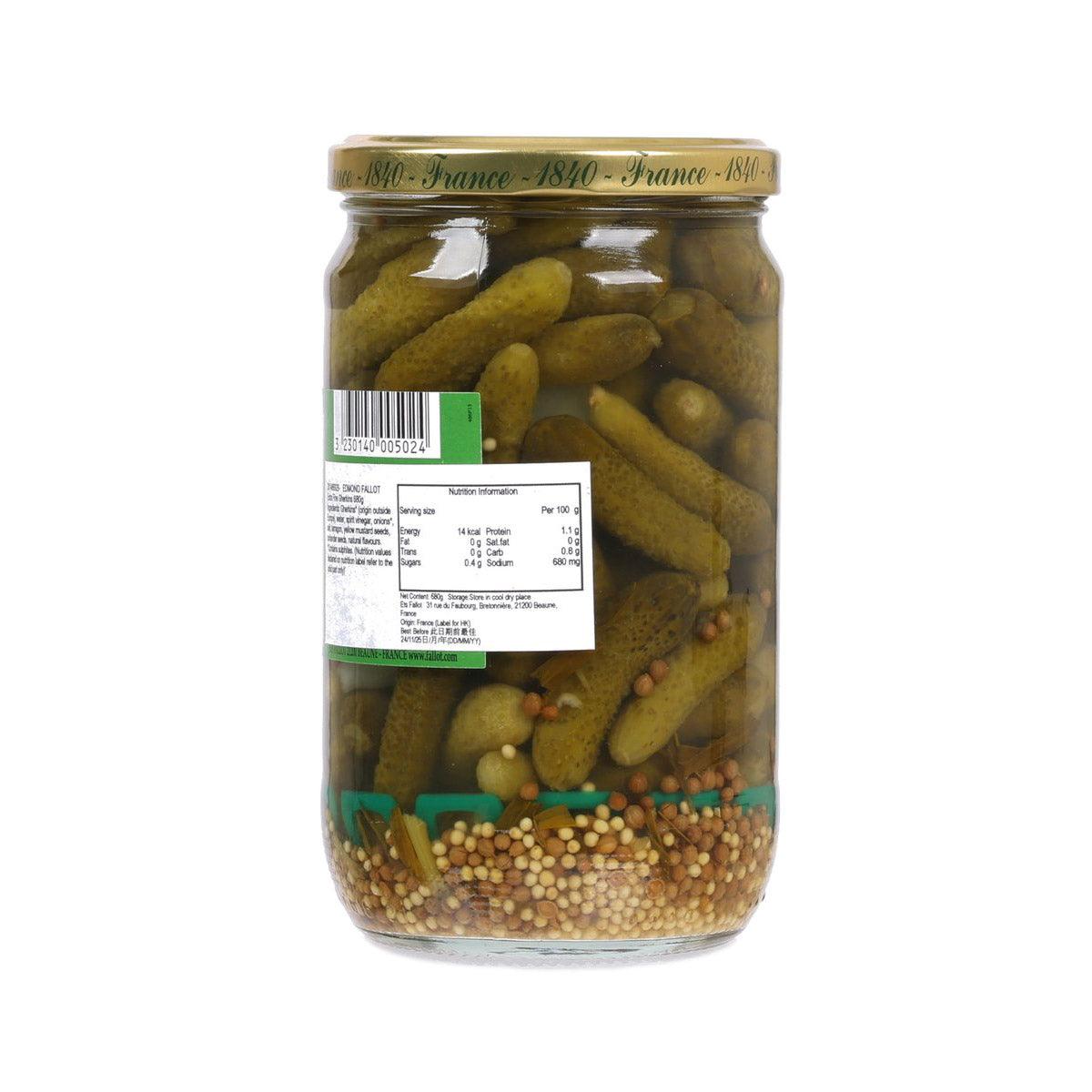 EDMOND FALLOT extra fine gherkins jar, green pickles with ingredient label back