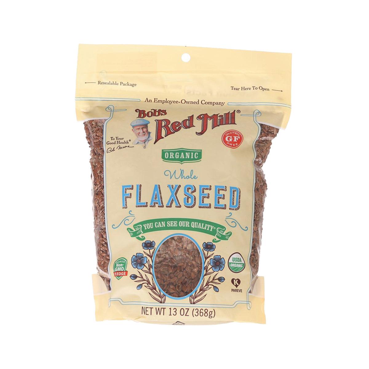Organic whole flaxseed pouch, beige bag with front label and 13 oz (368g) size