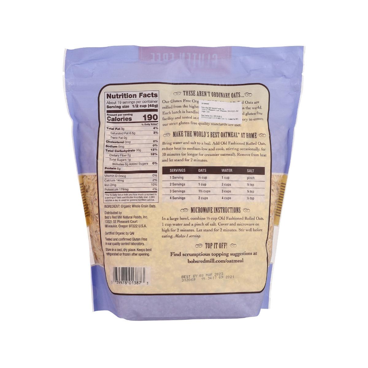 BOB'S Red Mill rolled oats bag, nutrition facts panel on back
