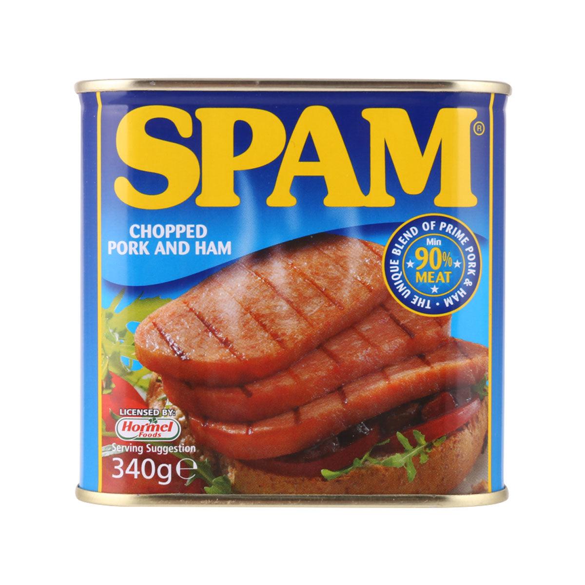 SPAM chopped pork and ham luncheon meat can, 340 g, chopped slices shown