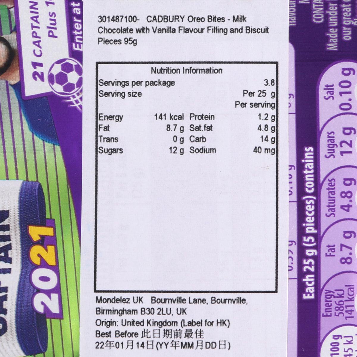 CADBURY Oreo Bites nutrition information panel on the bag