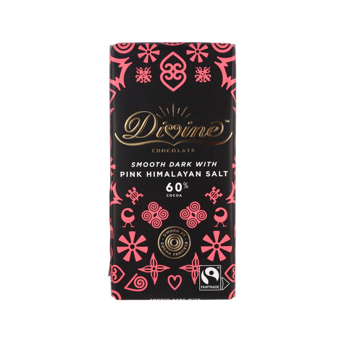 Dark chocolate pouch with pink Himalayan salt, black and pink decorative wrapper front