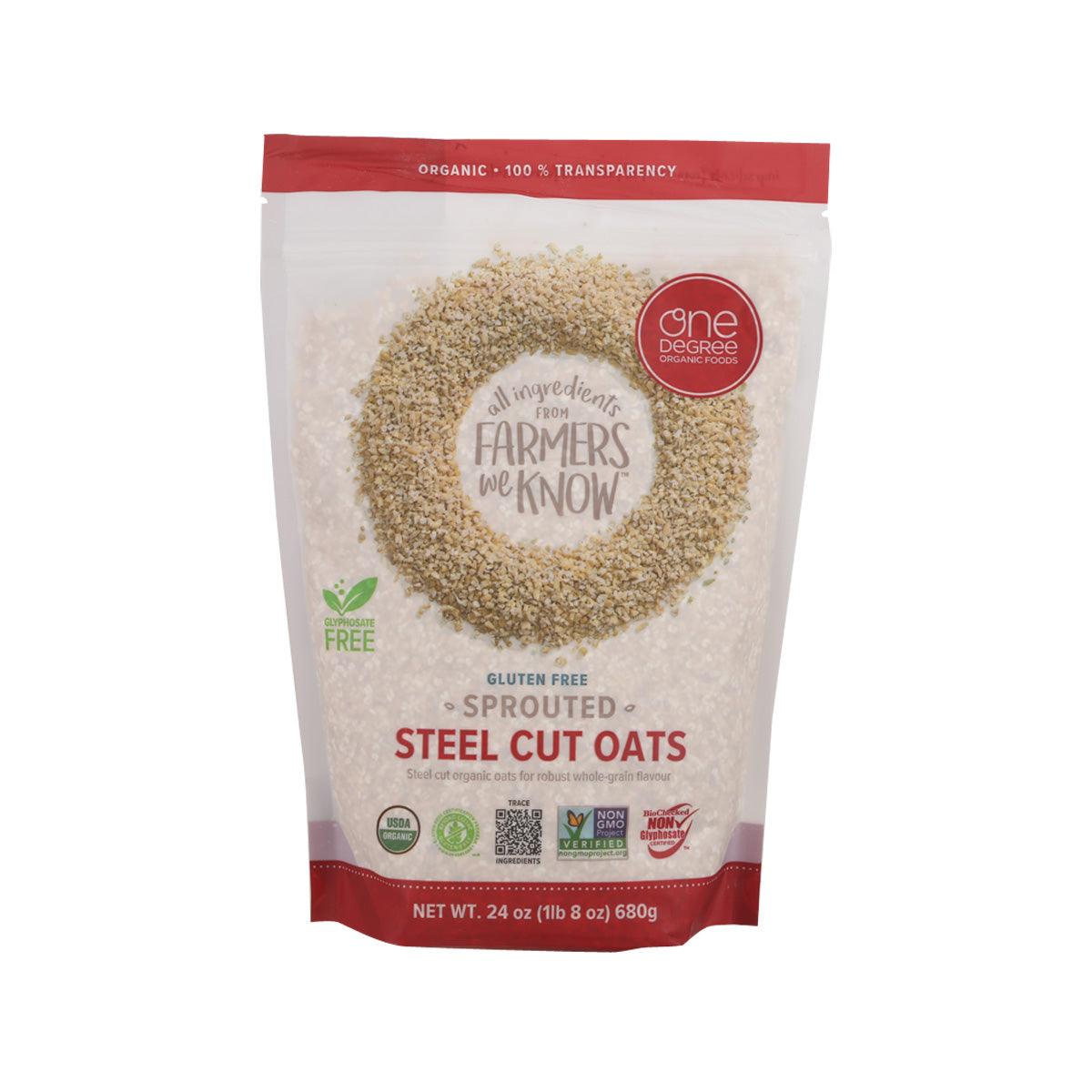 Gluten-free sprouted steel cut oats pouch, white bag with red top