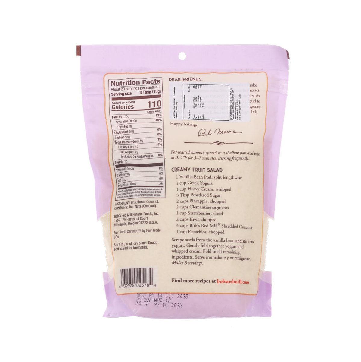 BOB'S RED MILL unsweetened shredded coconut pouch, nutrition facts, back view