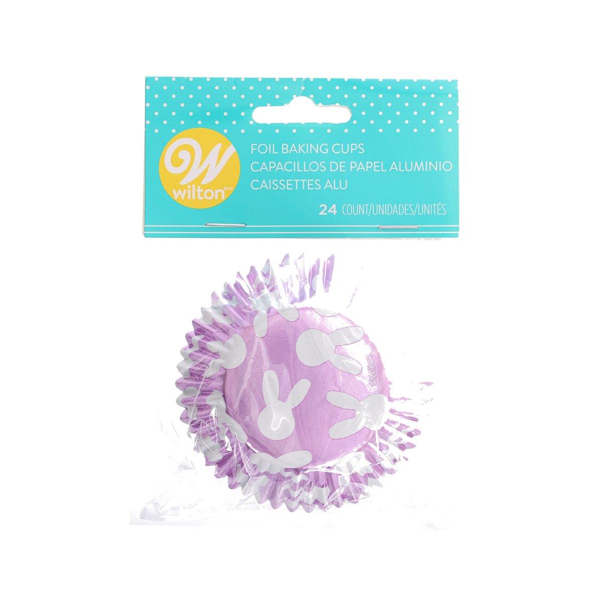 Purple foil baking cup with white bunny print and ruffled edge