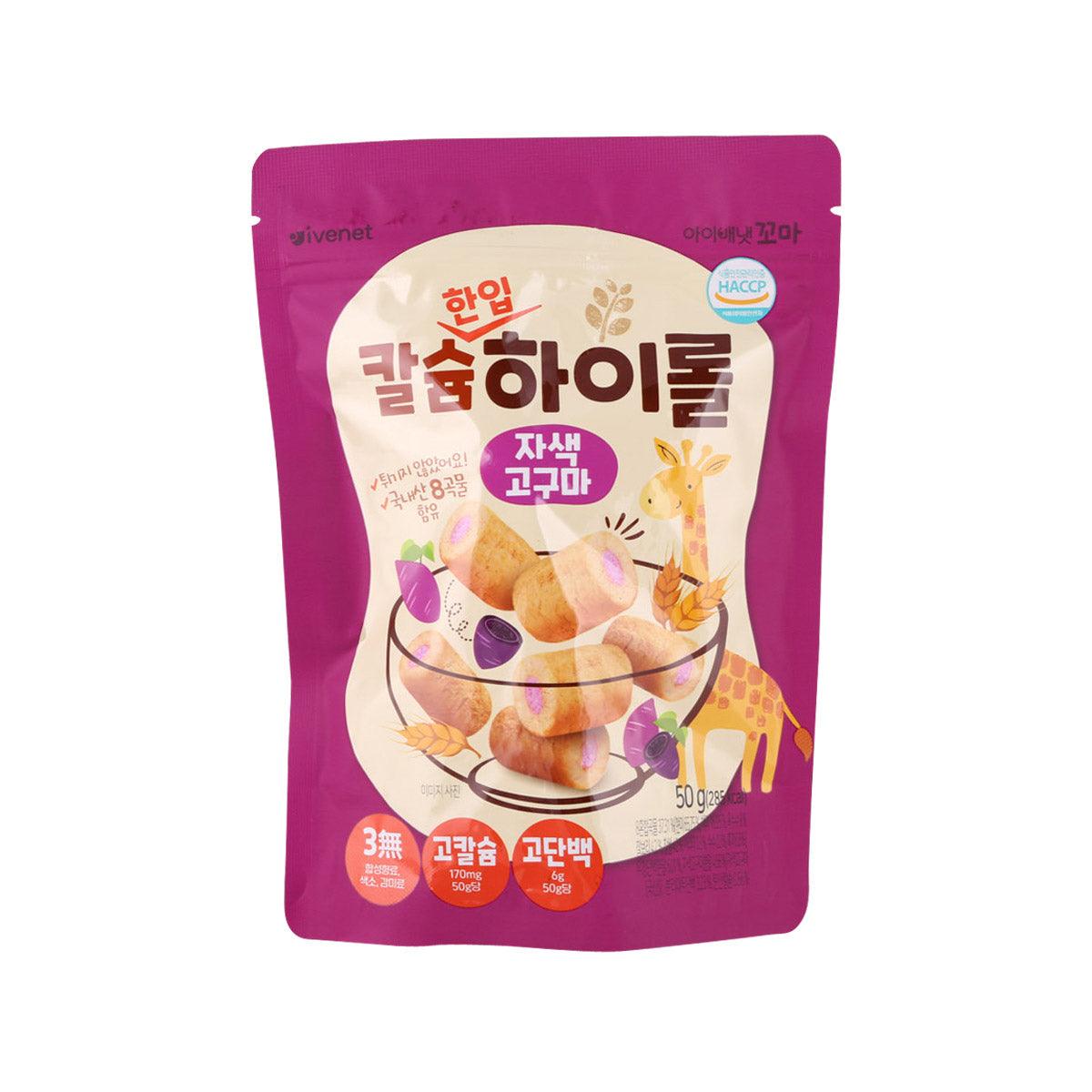 IVENET baby grain roll sweet potato snack, 50g pouch front with product artwork