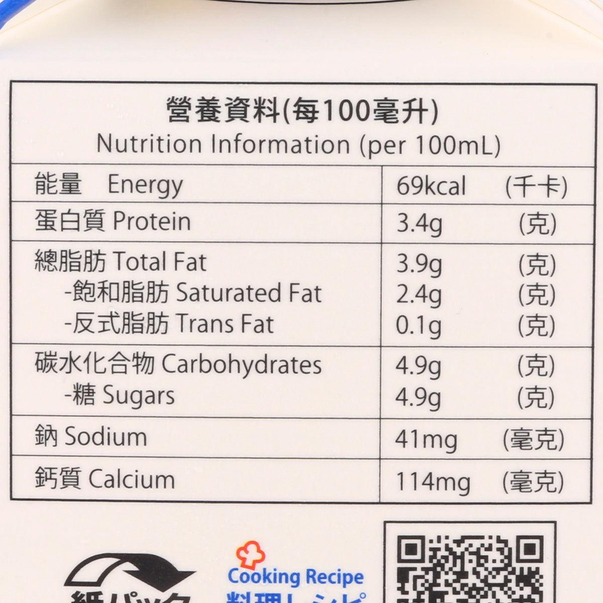 Milk nutrition panel per 100 mL: energy, protein, fat, carbohydrates