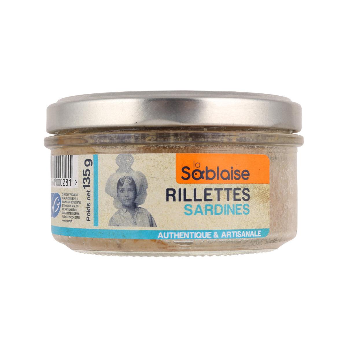 Glass jar of La Sablaise sardine rillettes, 135g, with metal lid