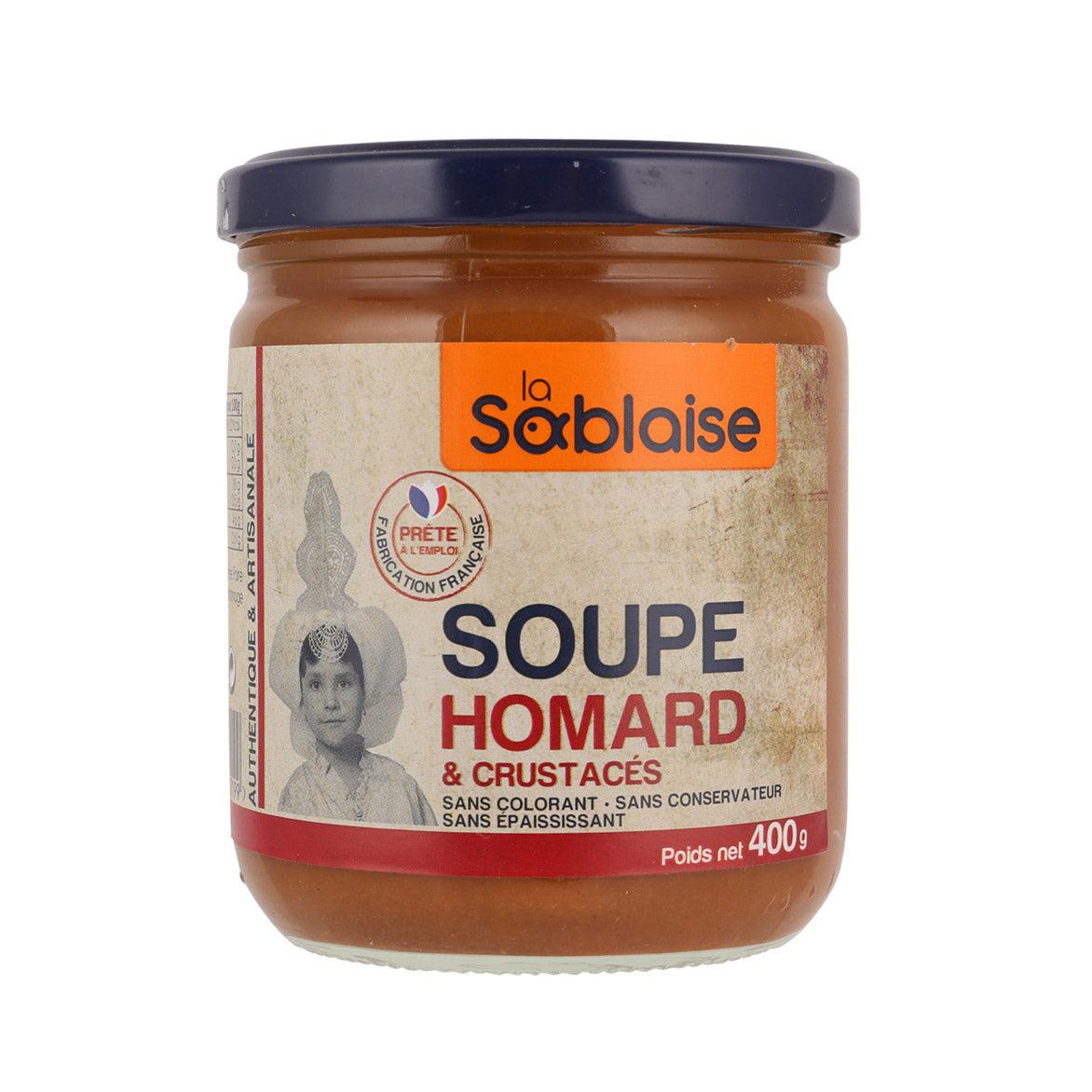 Lobster soup jar with brown contents and “La Sablaise” orange label, 400 g