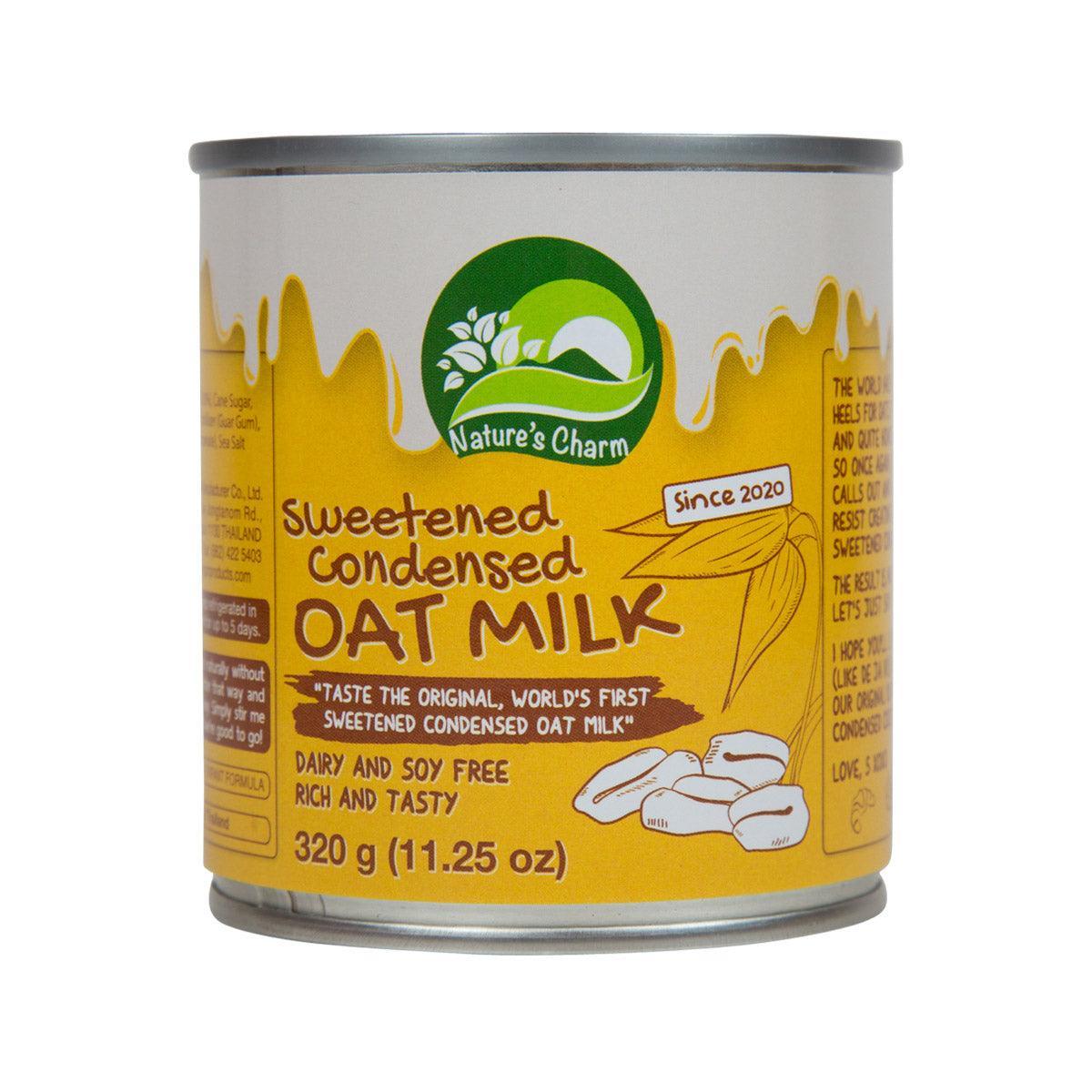 Nature's Charm sweetened condensed oat milk, 320 g can with green-yellow label