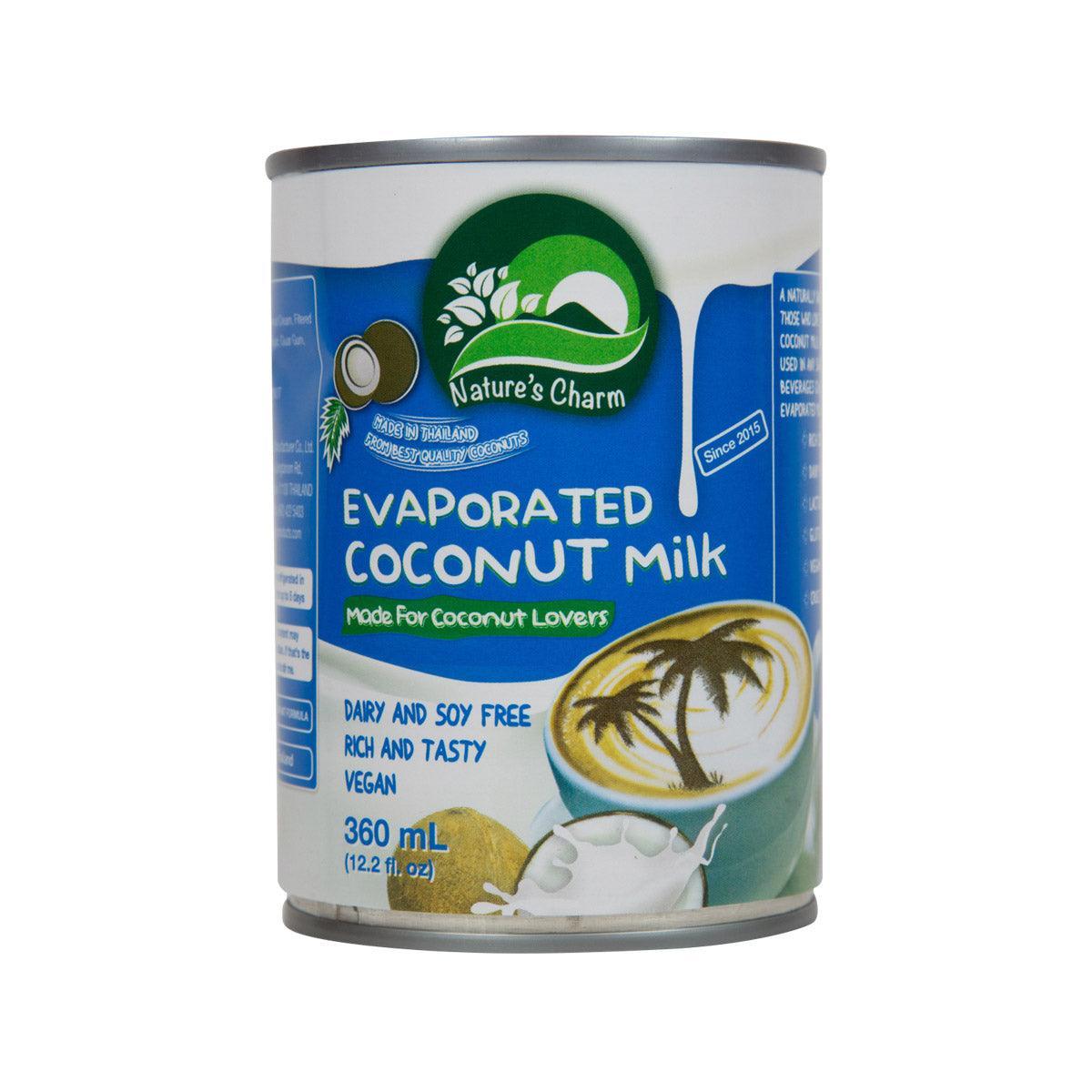 Nature's Charm evaporated coconut milk can, 360 mL, blue and white label