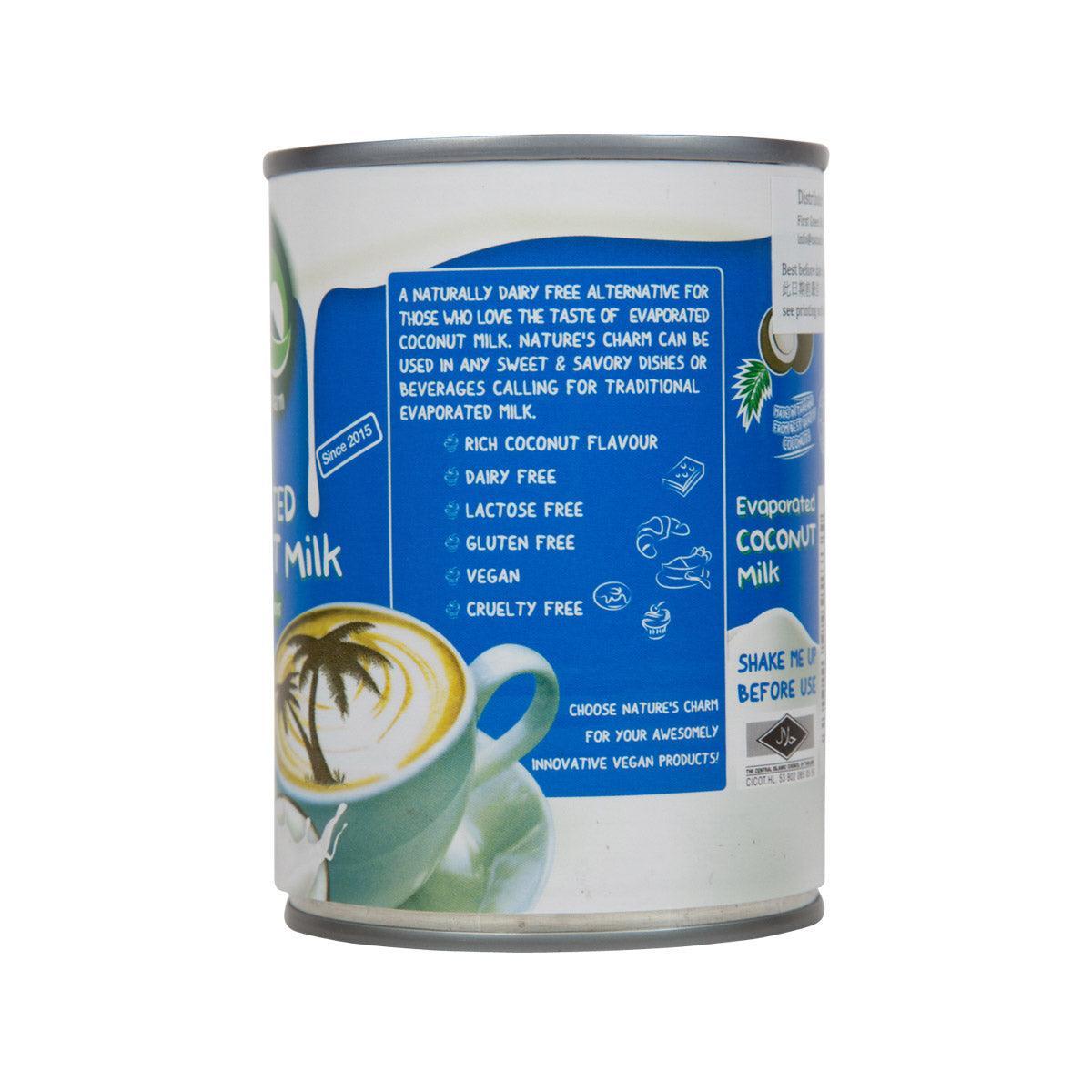 Nature's Charm evaporated coconut milk can back label with usage and claims