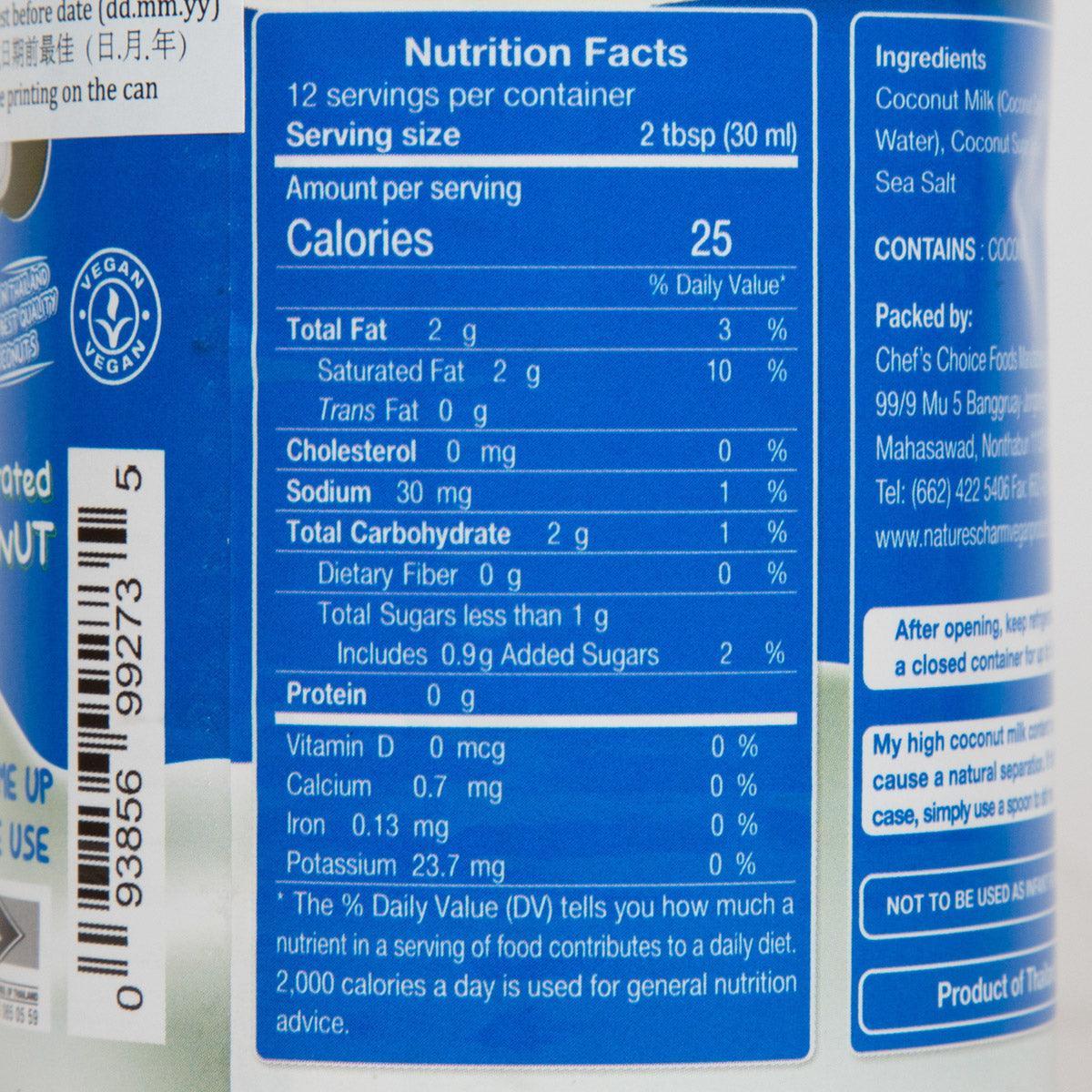 Nutrition Facts panel on Nature's Charm evaporated coconut milk can