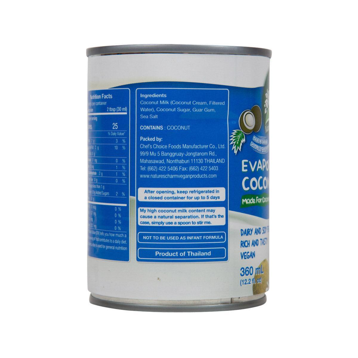 Ingredients and product info label on Nature's Charm evaporated coconut milk can