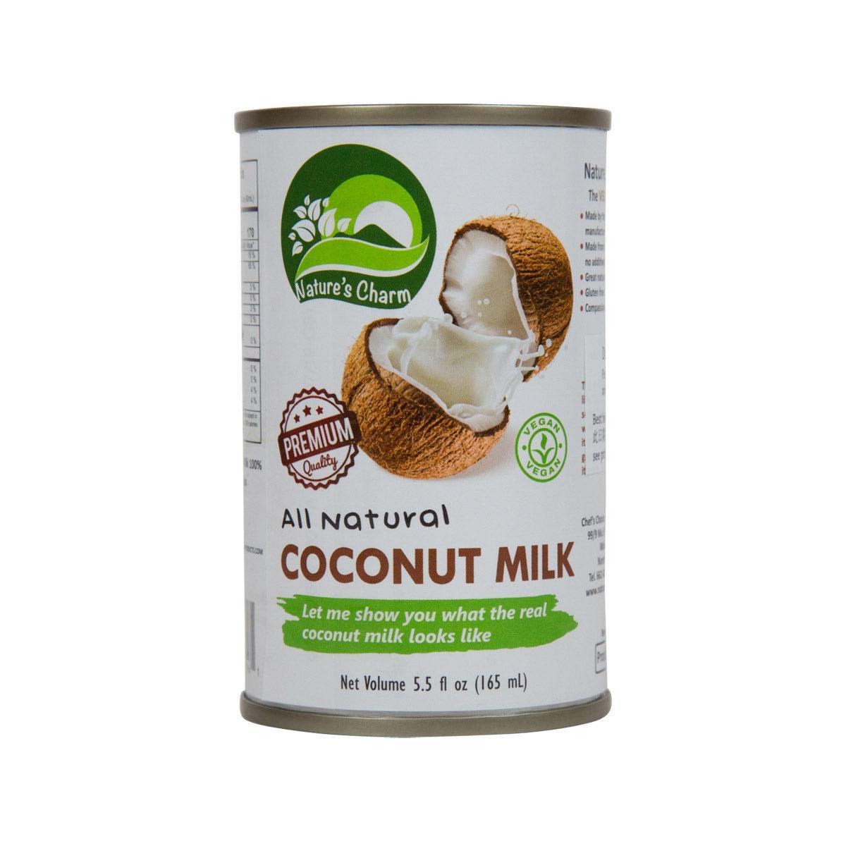 All natural coconut milk can with gold lid and green-and-white label