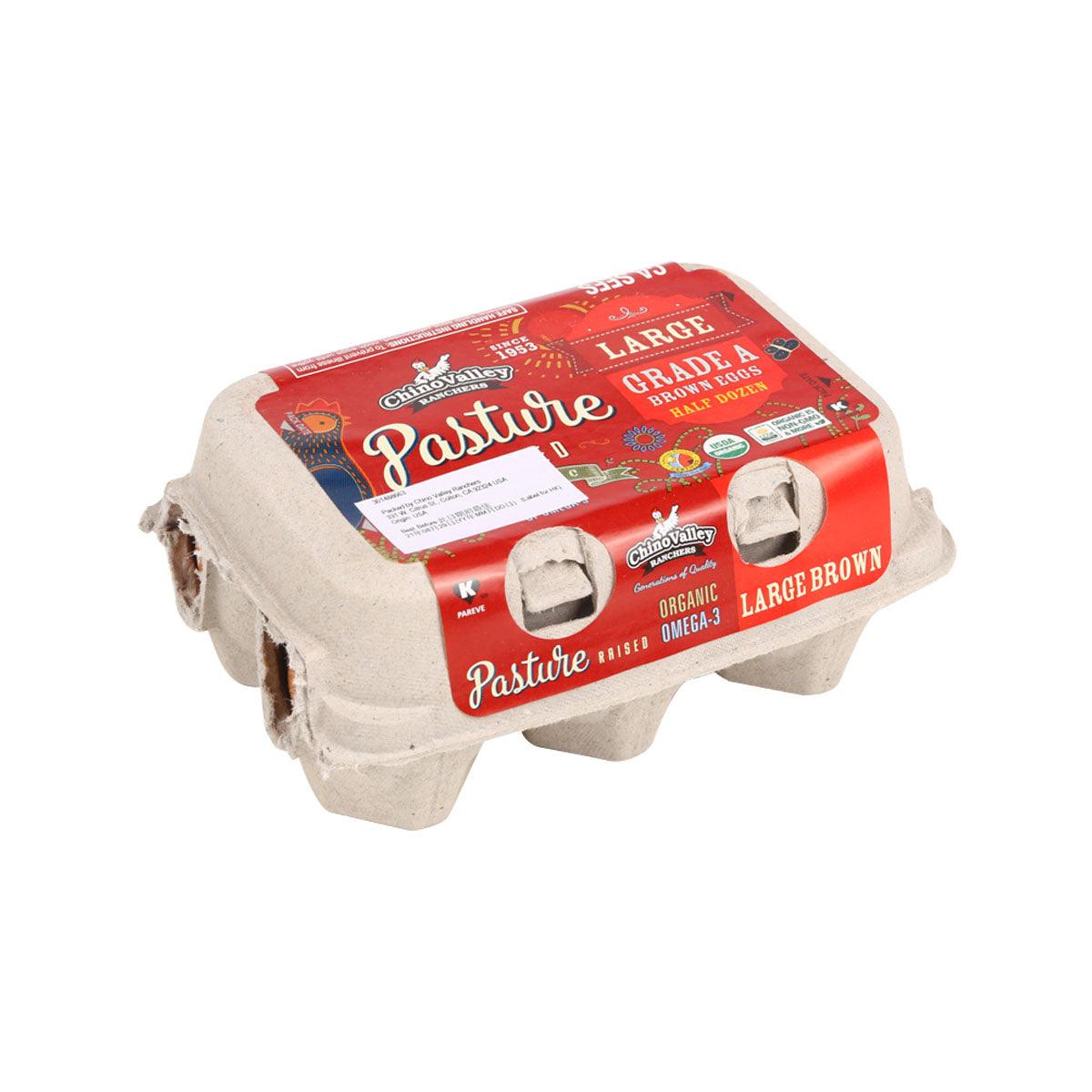 Organic pasture-raised brown eggs carton, large grade A, side view