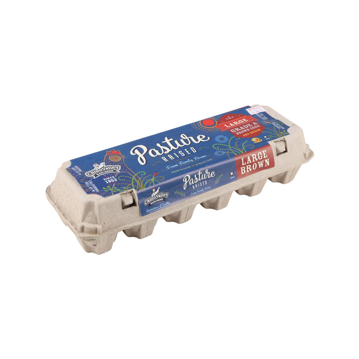 Pasture-raised egg carton labeled large brown eggs, 12 count