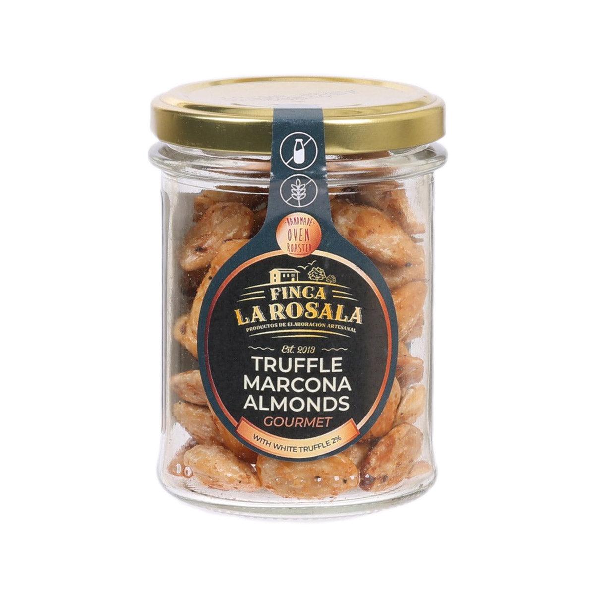 FINCA LA ROSALA truffle marcona almonds in glass jar with gold lid