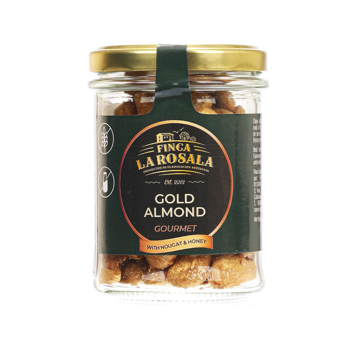 Gold almond gourmet jar with whole almonds visible under a gold lid