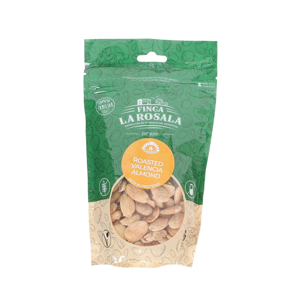 Roasted unsalted blanched Valencia almonds in green resealable pouch, 150g
