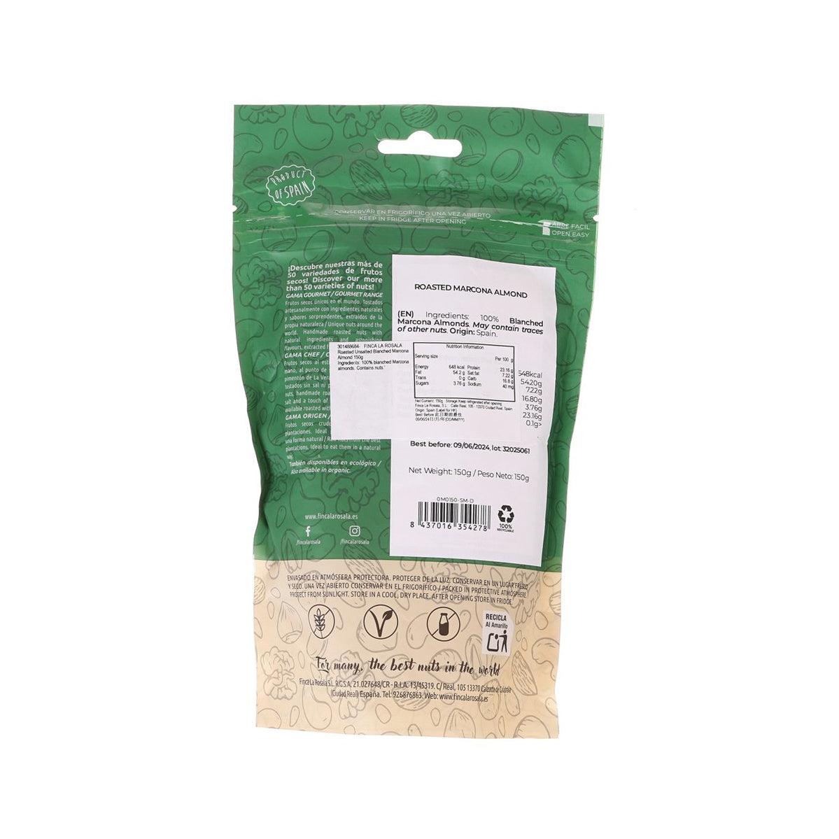 FINCA LA ROSALA roasted unsalted blanched Marcona almond pouch with back label
