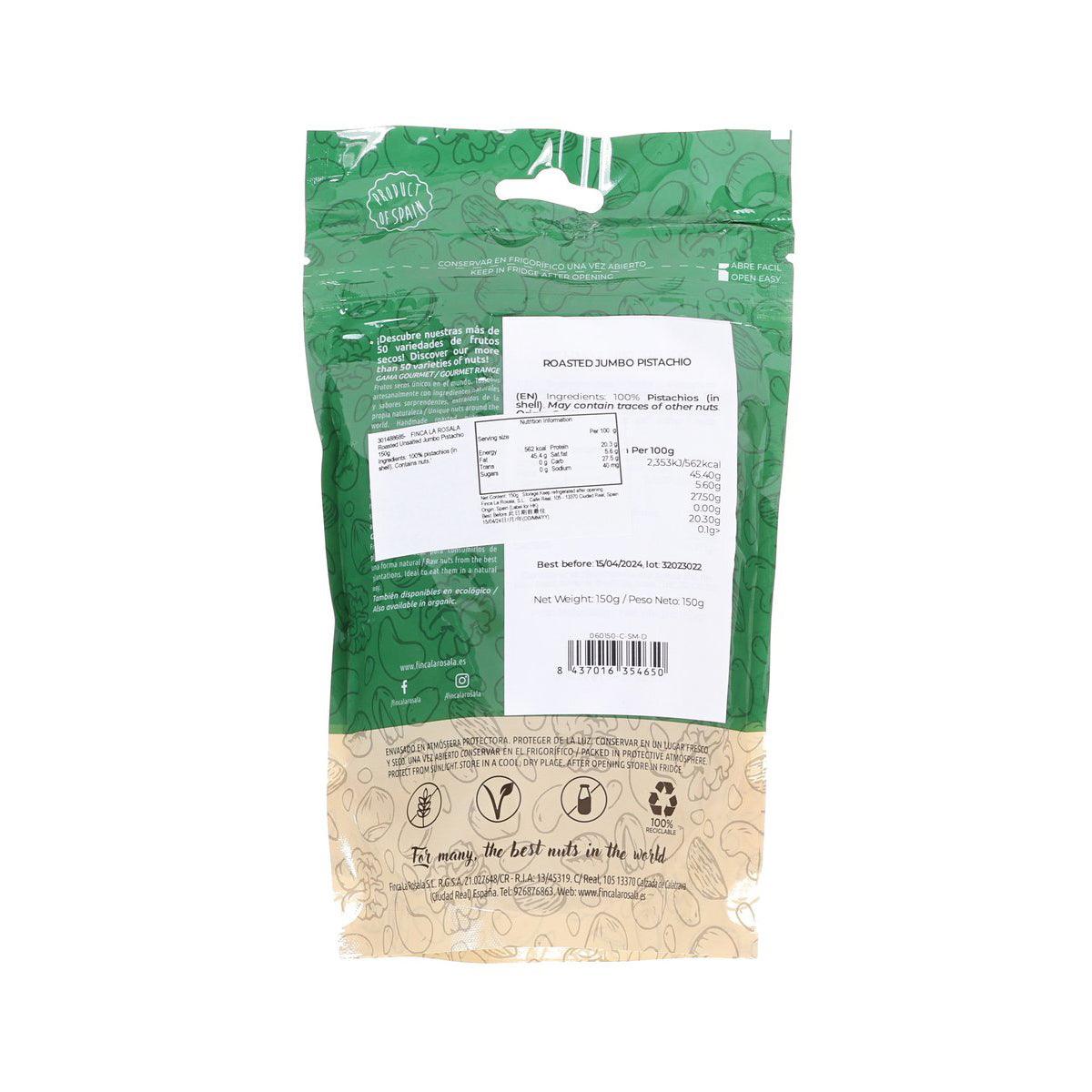 FINCA LA ROSALA roasted jumbo pistachio nuts bag back with nutrition label