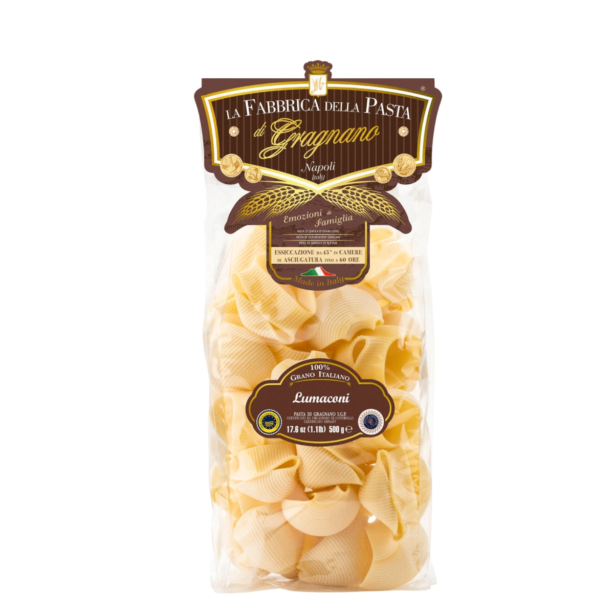 Lumaconi pasta in 500g bag, artisanal ridged shell-shaped macaroni.