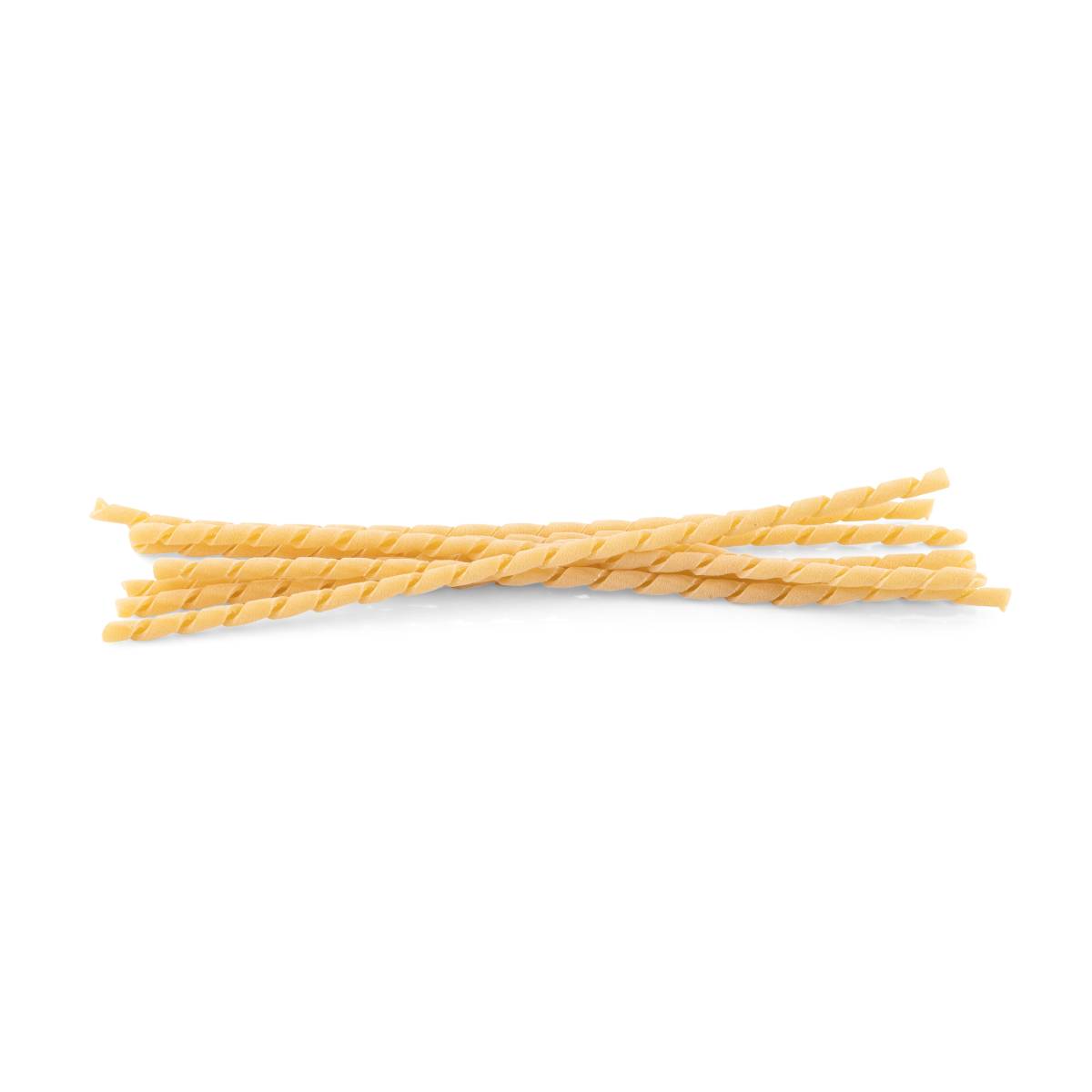 Dry fusilli pasta spirals, golden yellow