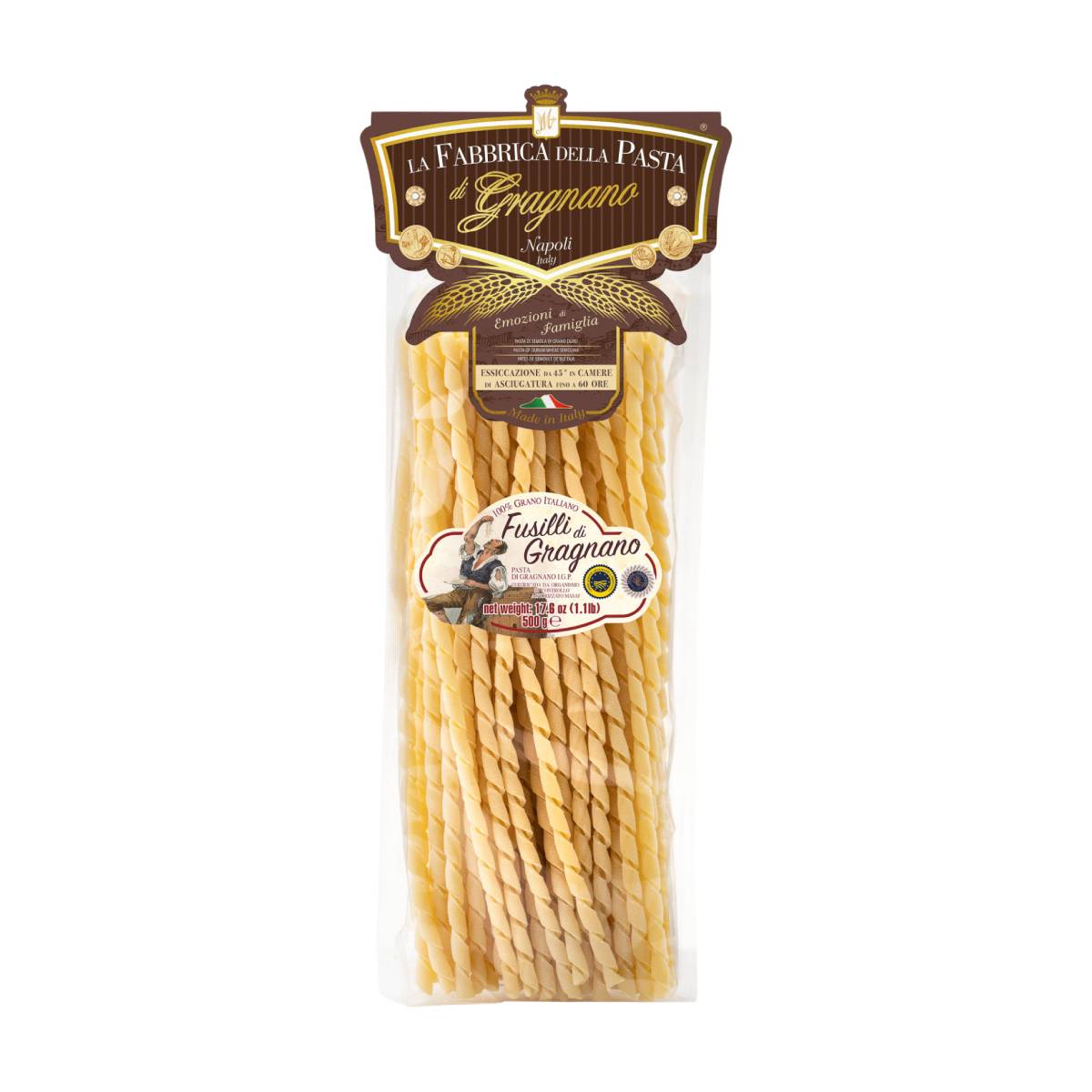 Artisanal fusilli pasta in clear bag, golden spirals, 500g