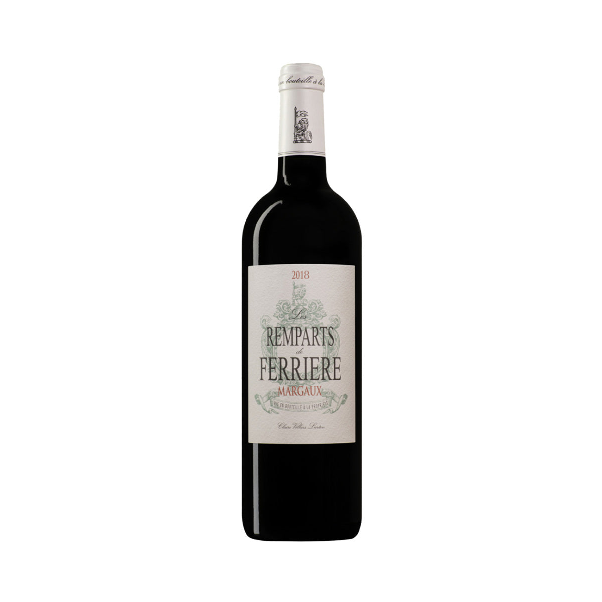 2018 wine bottle with dark glass and cream label, 'Ferriere' text