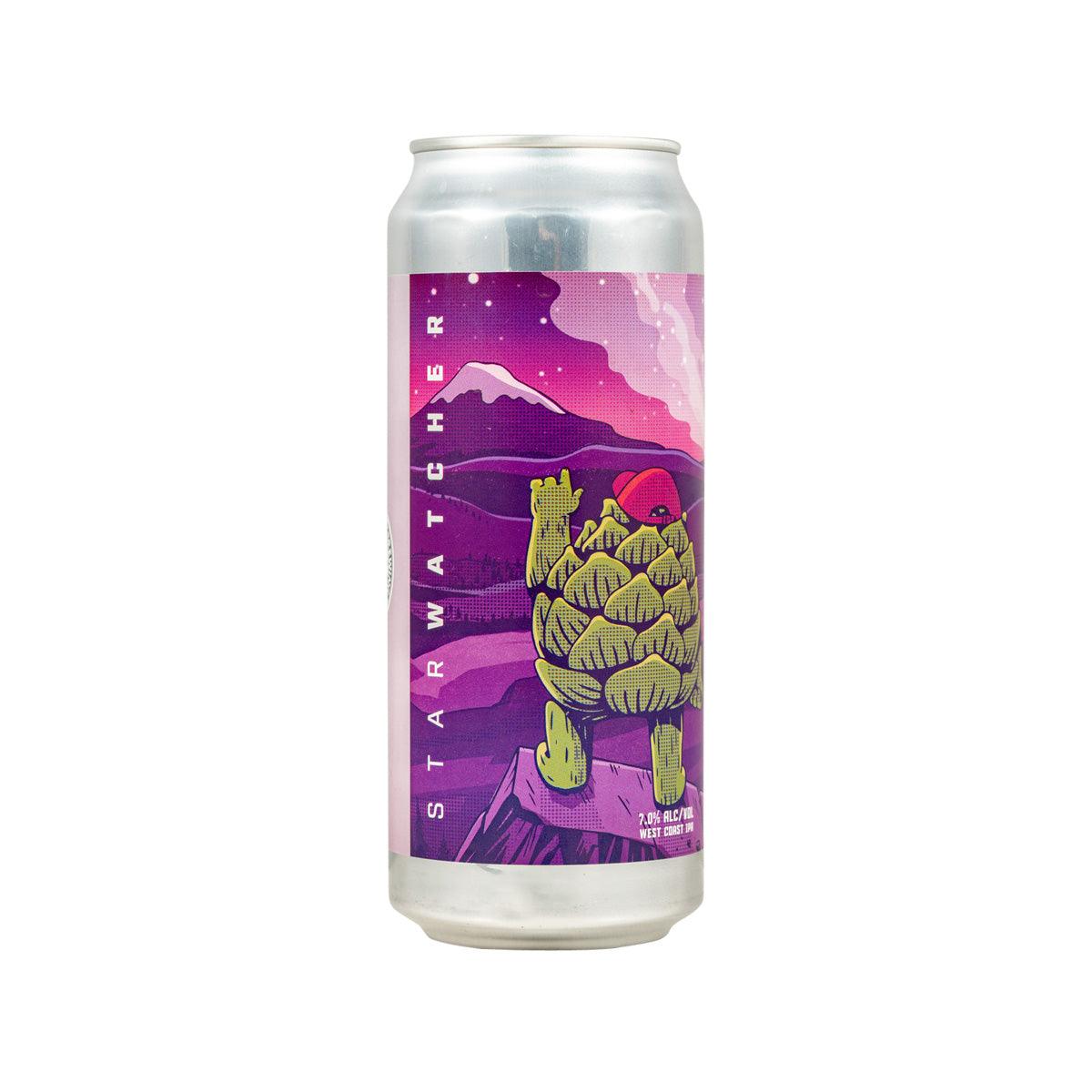Beer can with purple landscape and illustrated character graphic on front