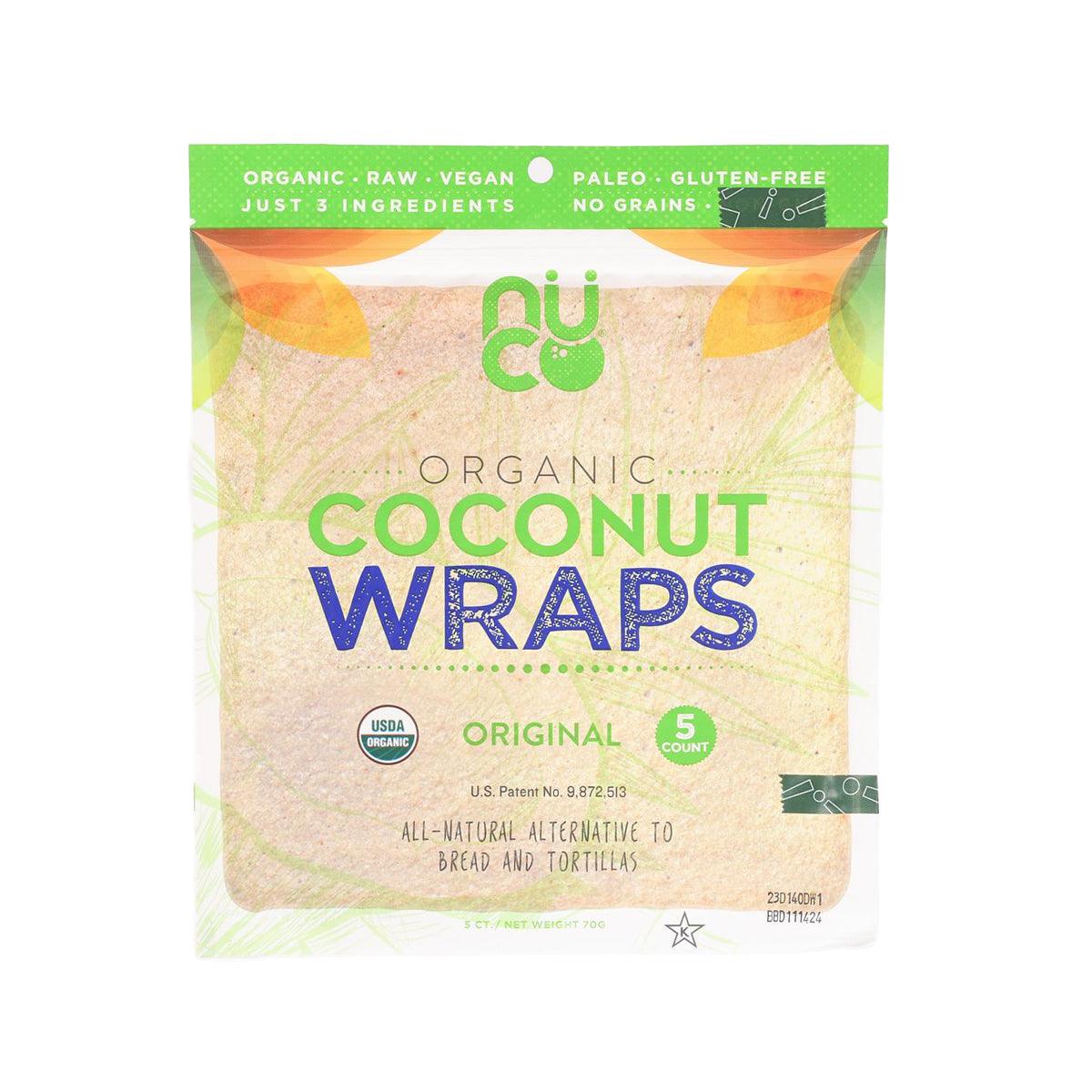Organic coconut wraps bag, front label with NUCO branding and original flavor