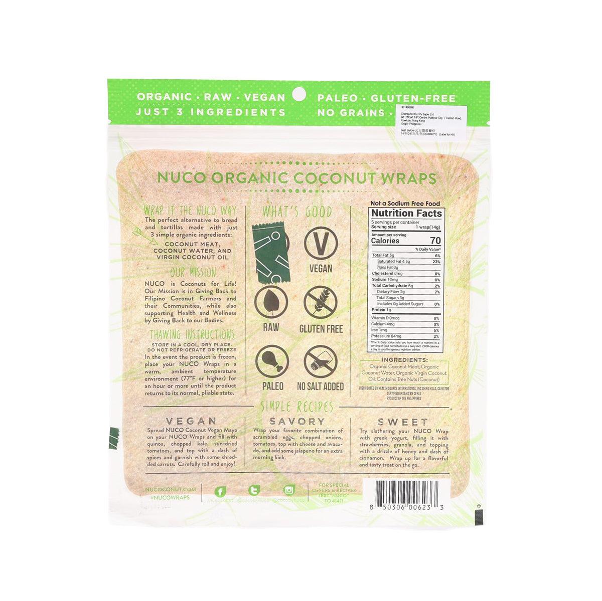 Organic coconut wraps bag, back label with nutrition facts and ingredient info