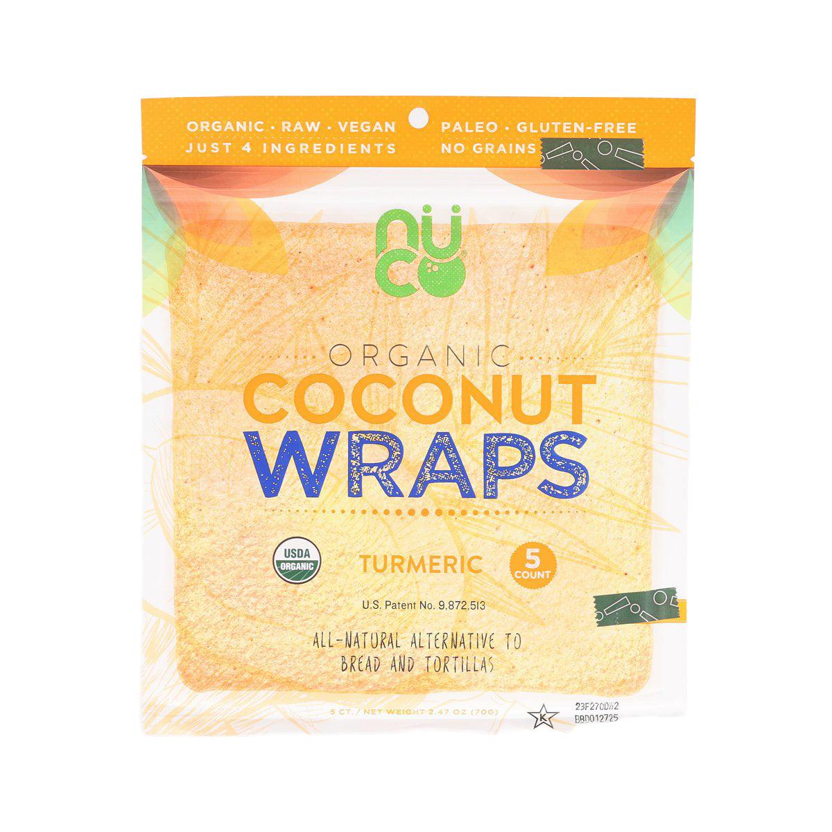 Turmeric coconut wraps package, front with NUCO logo and flavor label