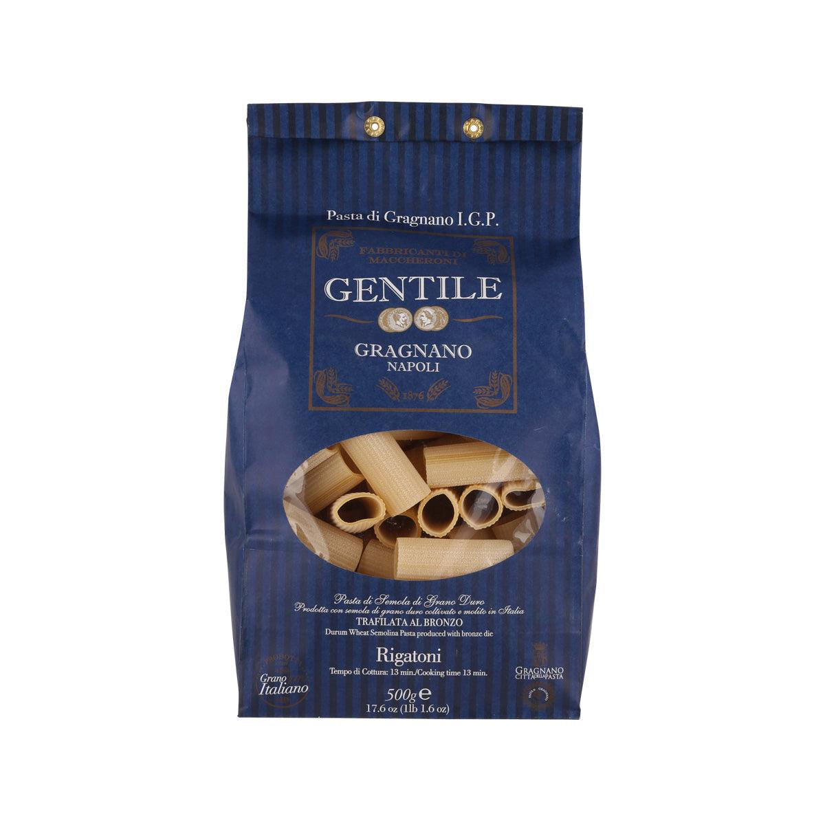 GENTILE rigatoni pasta 500 g bag with clear window showing tube pasta