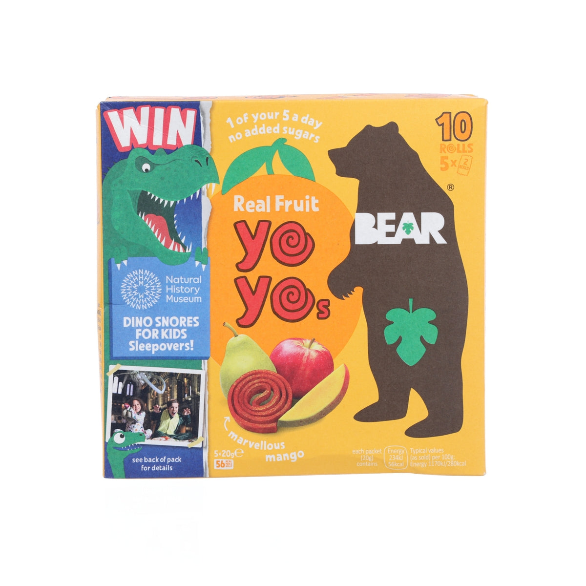 Mango yoyo rolls box with playful bear and dinosaur graphics, 10 rolls shown