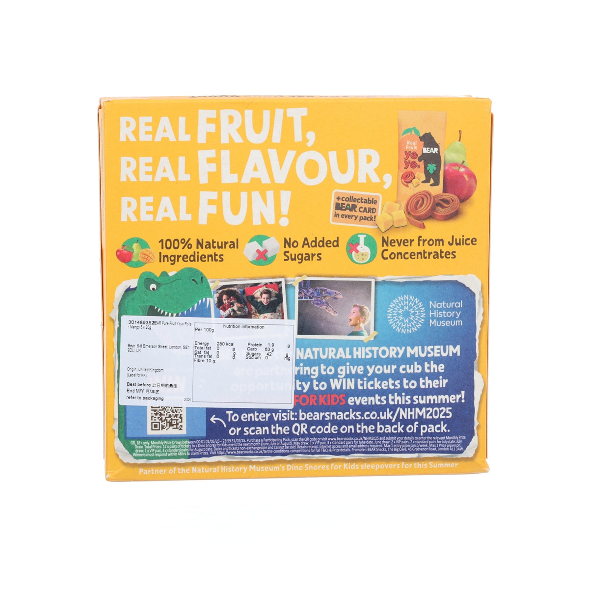 Mango yoyo rolls package back with ingredient claims and museum activity text
