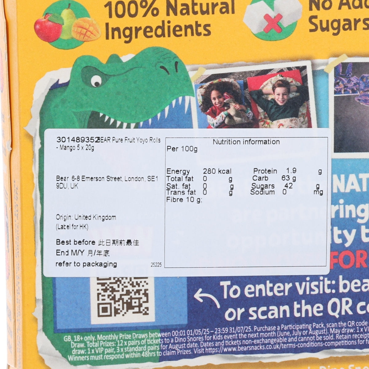 Mango yoyo rolls nutrition information panel with energy and protein details