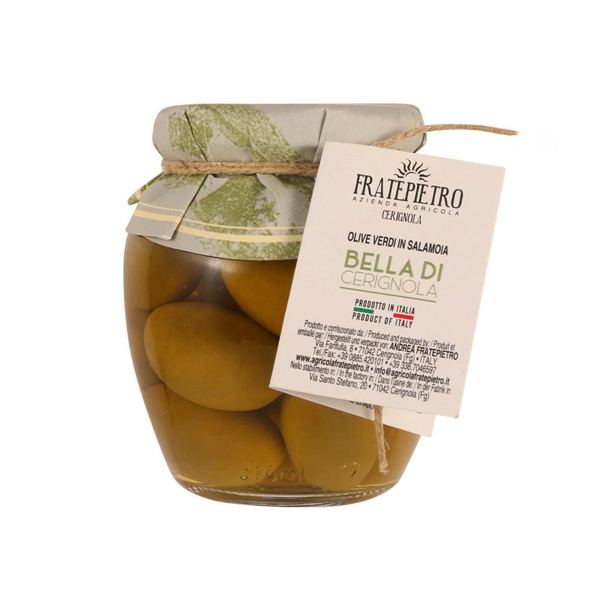 Jar of green olives in brine with FRATELPIETRO label and glass lid