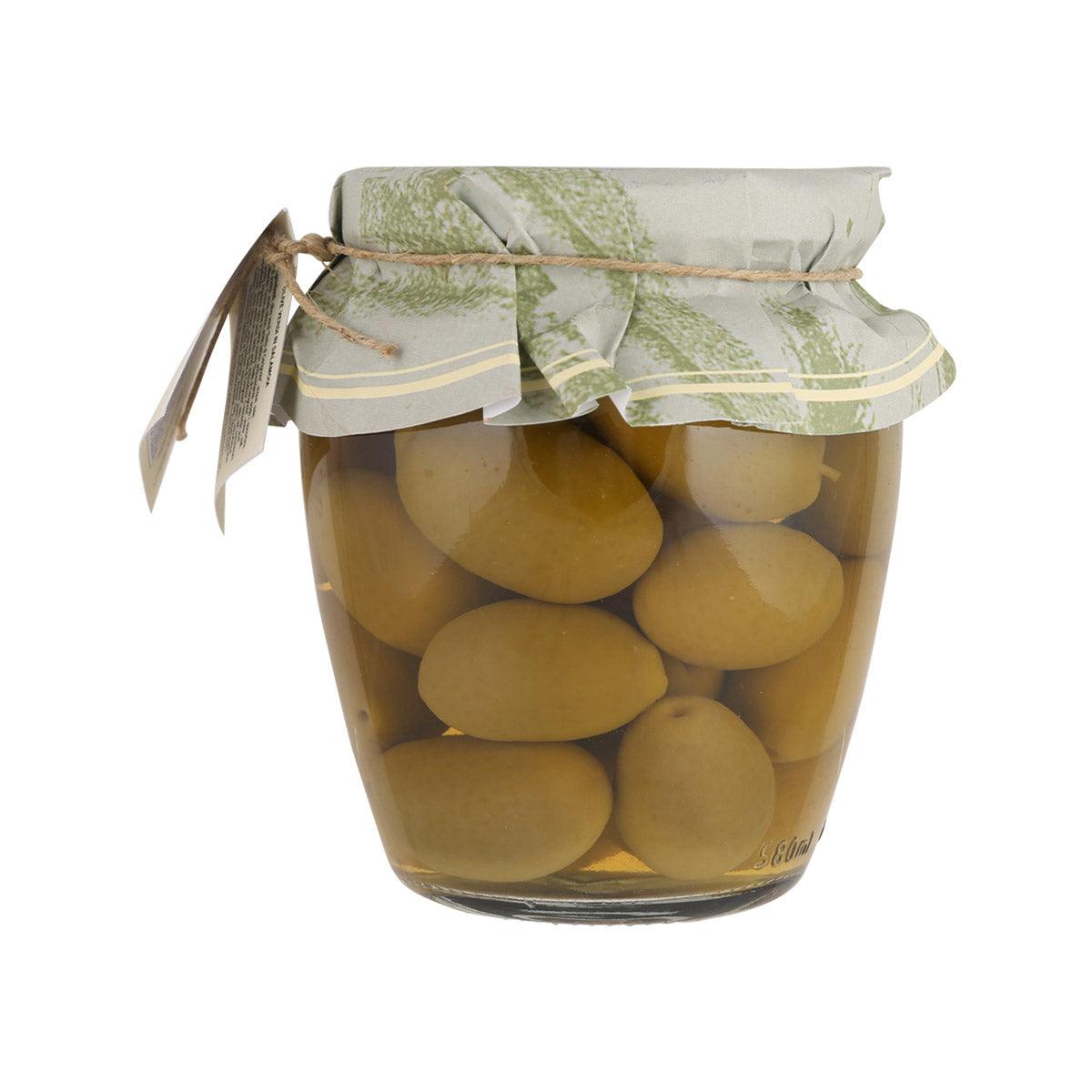 Jar of brined green olives with ribbon-sealed lid