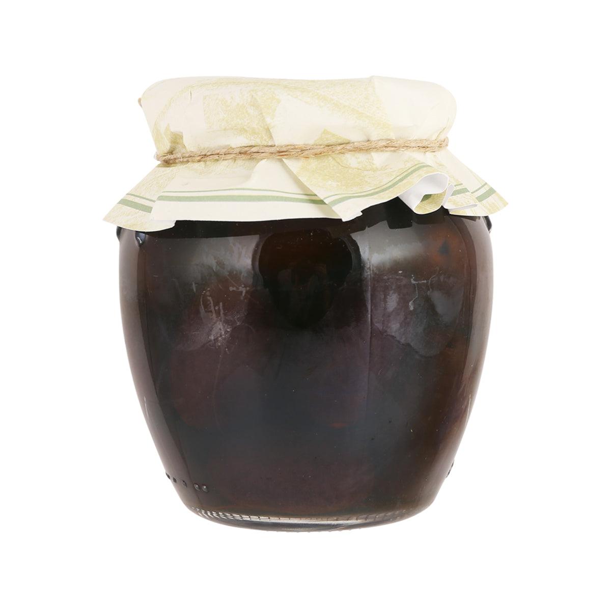 Jar of dark black olives in brine with FRATEPIETRO lid and seal