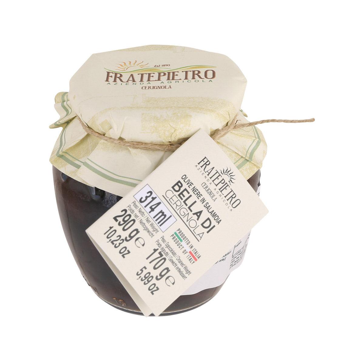 Jar of dark black olives in brine with FRATEPIETRO label and tied cloth